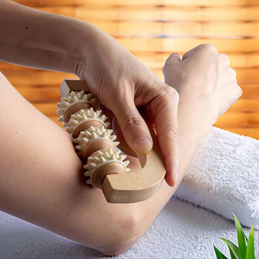 Evideco Body Care Body Massager 4 Rotable Rollers Well-Being Natural Wood Spa Wellness Accessories