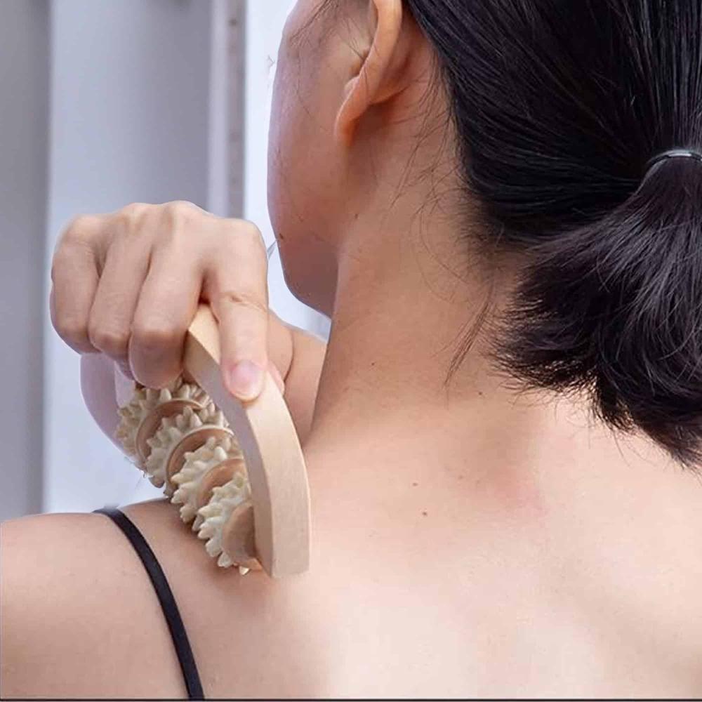 Evideco Body Care Body Massager 4 Rotable Rollers Well-Being Natural Wood Spa Wellness Accessories