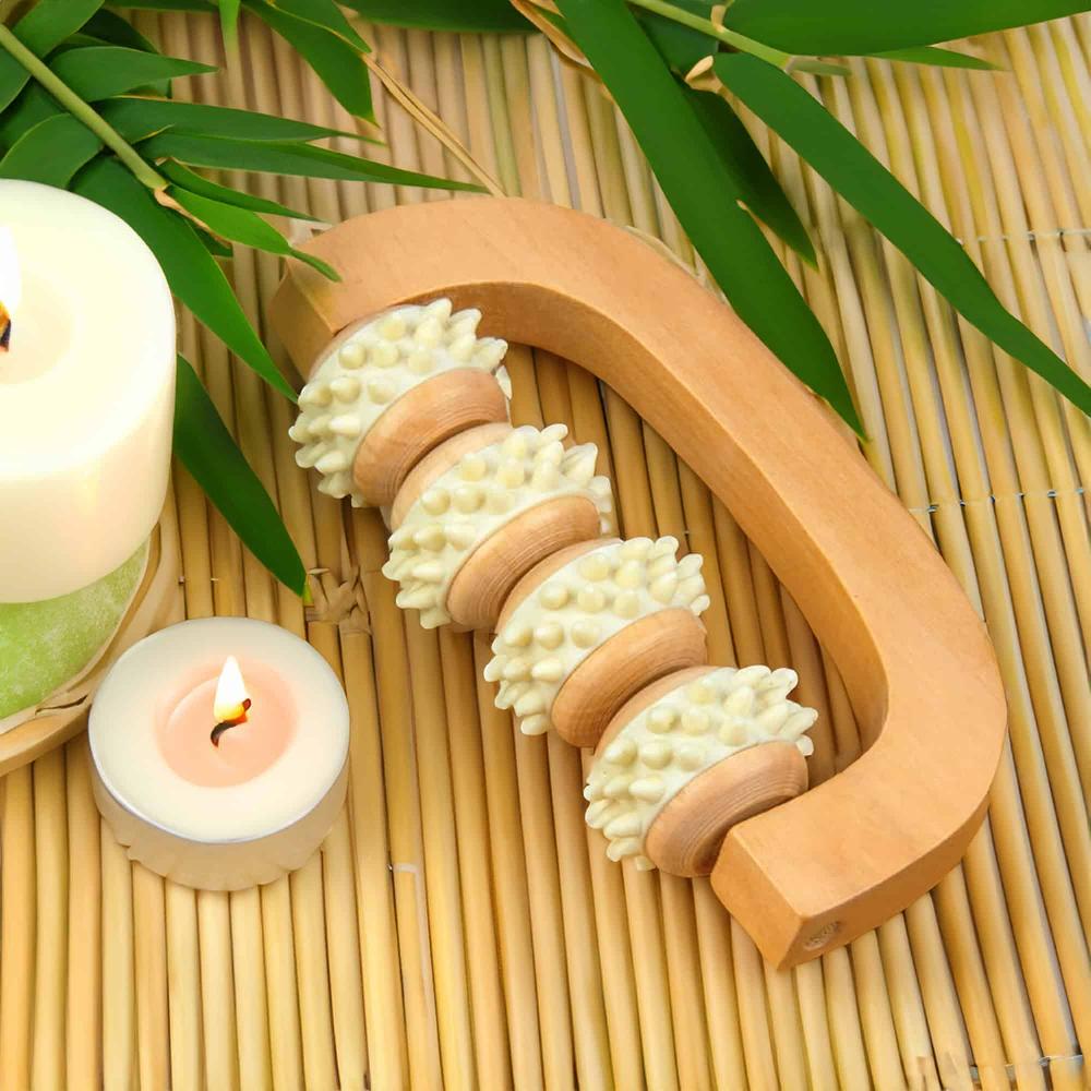 evideco Body Care Body Massager 4 Rotable Rollers Well-Being Natural Wood Spa Wellness Accessories