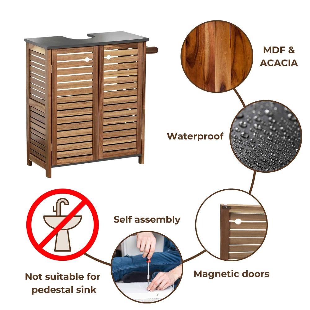 Evideco Brown And Gray Under Sink Cabinet With U-Shaped Cut-Out Double Vented Doors Towel Holder – Elements Collection Bathroom Storage & Furniture Collection Elements