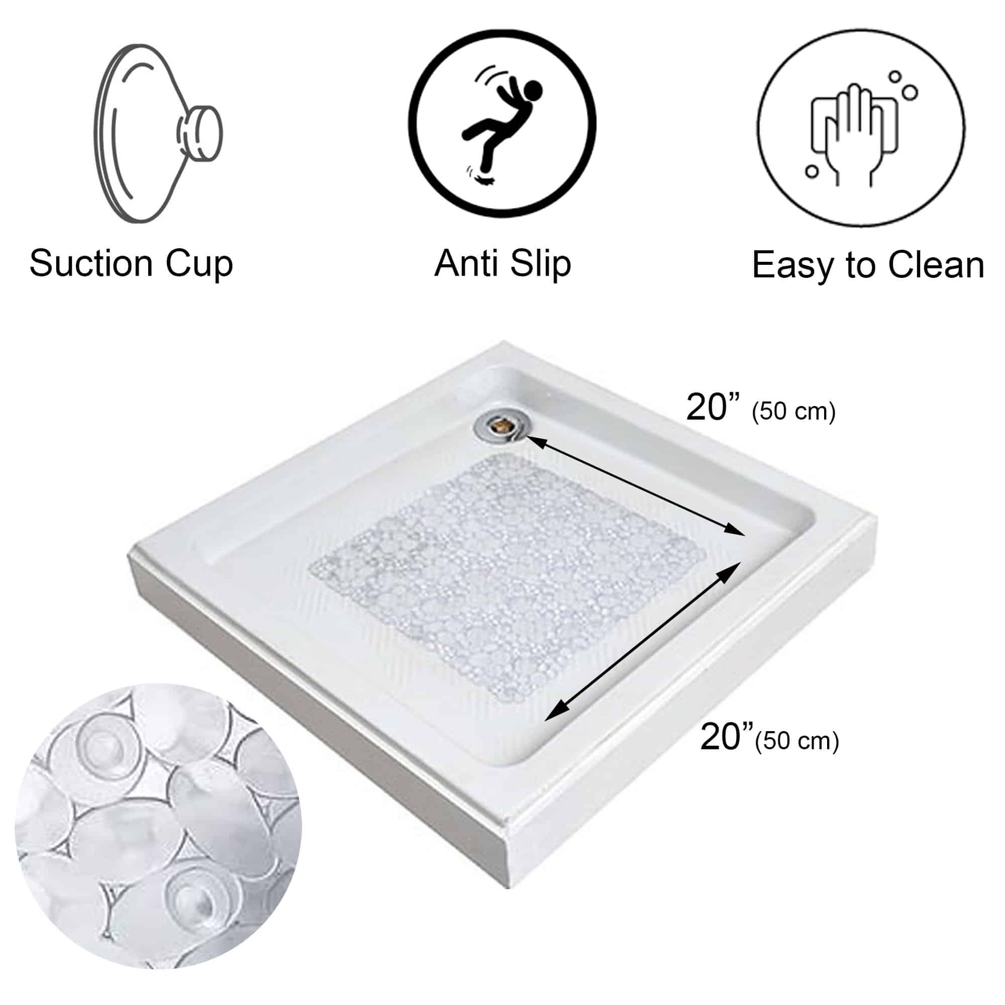 Evideco Bubbles Non-Slip Square Shower Mat Clear 20″L X 20″W Bathroom Mats & Rugs Shower & Bathtub Mats