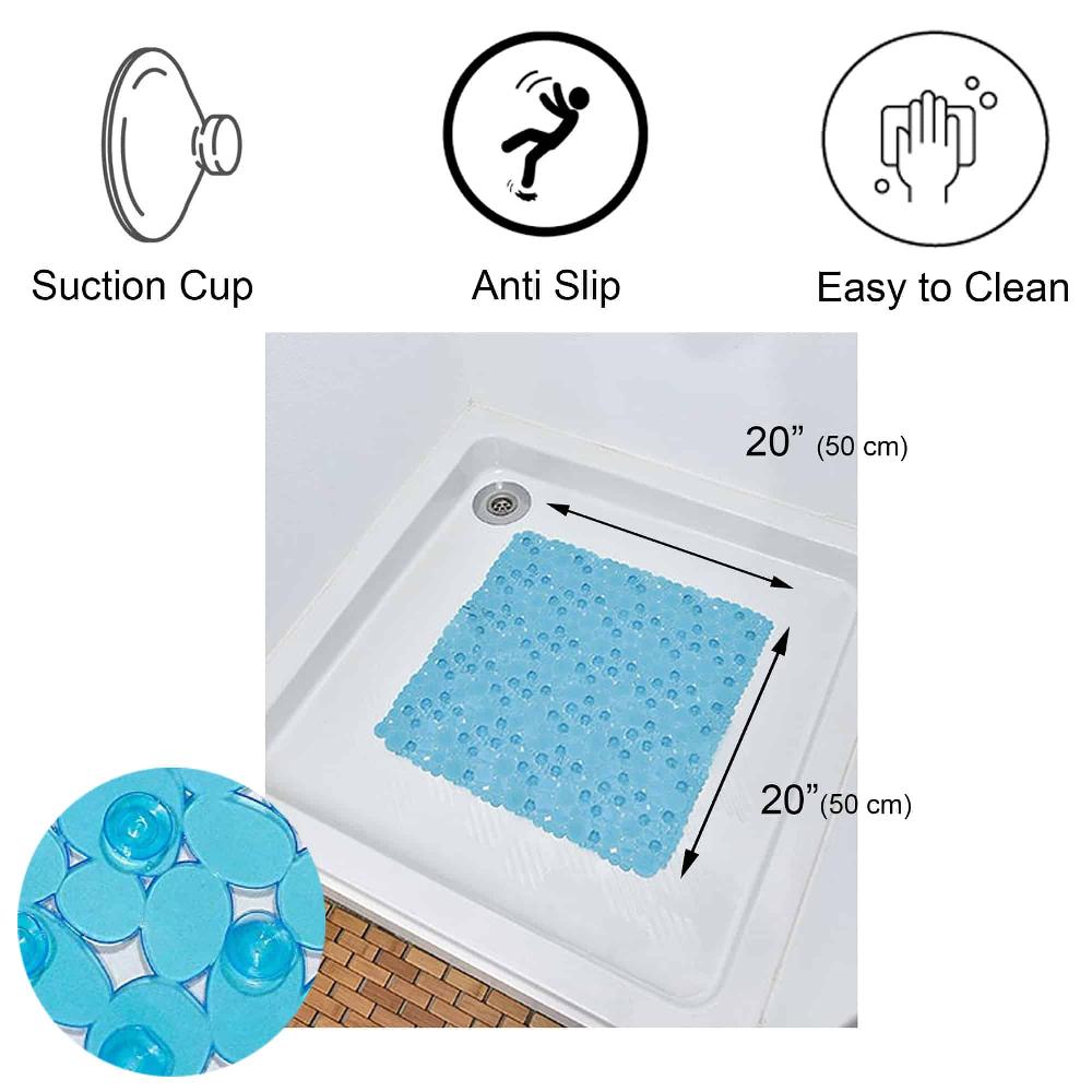 Evideco Bubbles Non-Slip Square Shower Mat Clear Aqua Blue 20″L X 20″W Bathroom Mats & Rugs Shower & Bathtub Mats