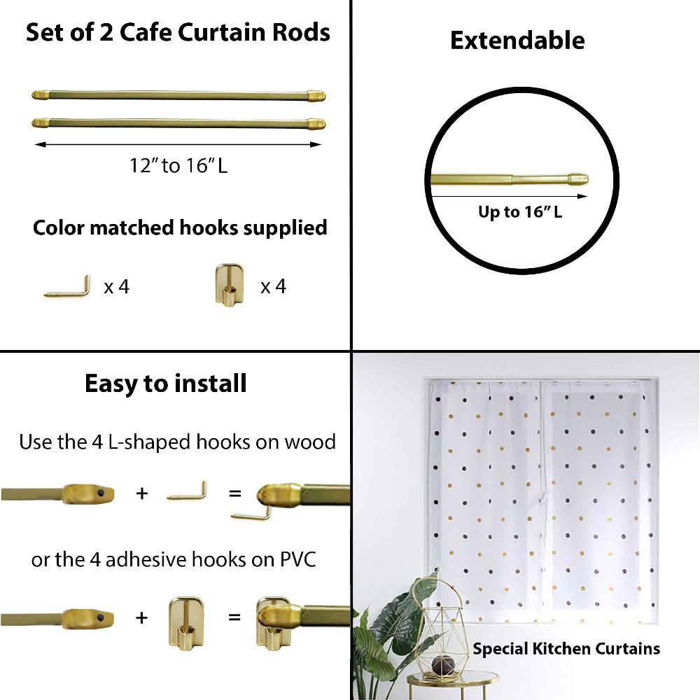 Evideco Bundle 2 Cafe Curtain Rods 12″ To 16″ And 4 Self Adhesive Hooks Gold Home Accessories Kitchen & Cafe Rods