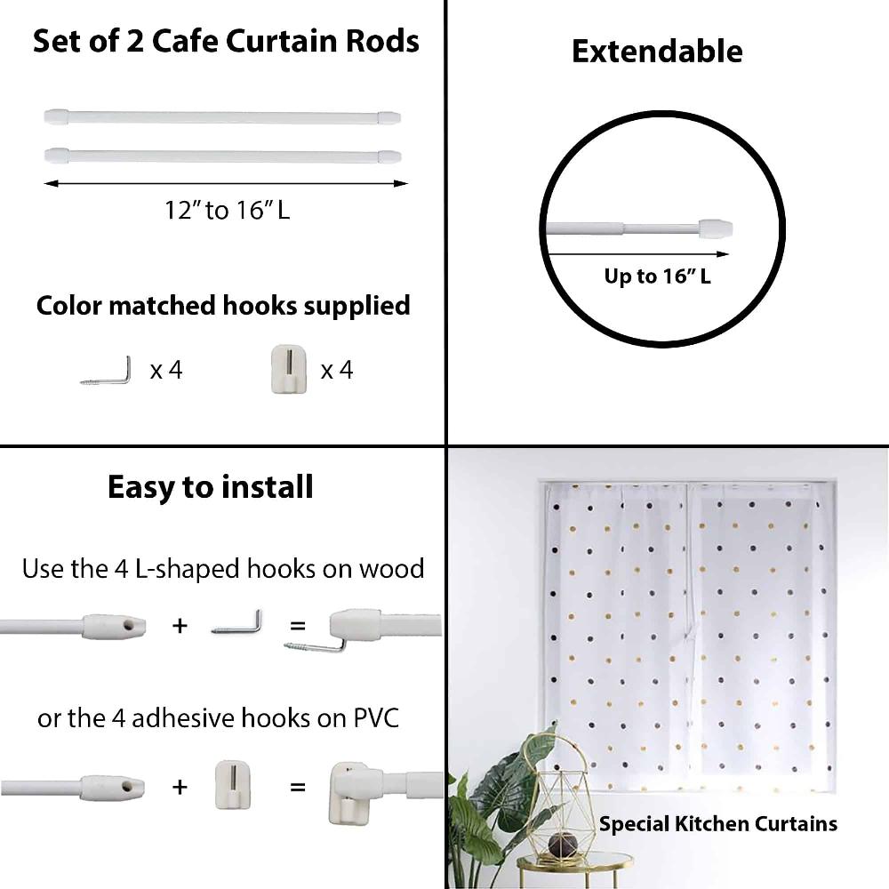 evideco Bundle 2 Cafe Curtain Rods 12″ to 16″ and 4 Self Adhesive Hooks White Home Accessories Kitchen & Cafe Rods