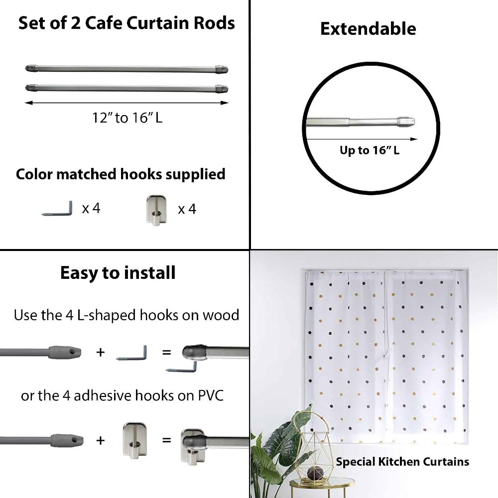 Evideco Bundle 2 Cafe Curtain Rods 12″ To 16″ And 4 Self Adhesive Hooks Chrome Home Accessories Kitchen & Cafe Rods