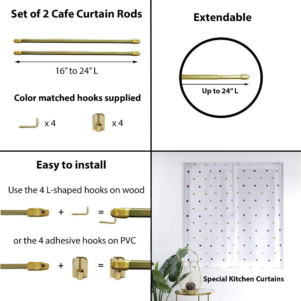 evideco Bundle 2 Cafe Curtain Rods 16″ to 24″ and 4 Self Adhesive Hooks Gold Home Accessories Kitchen & Cafe Rods