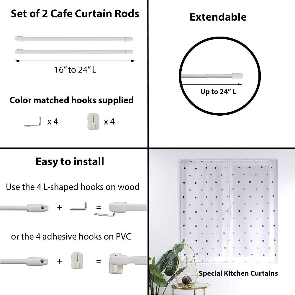 evideco Bundle 2 Cafe Curtain Rods 16″ to 24″ and 4 Self Adhesive Hooks White Home Accessories Kitchen & Cafe Rods