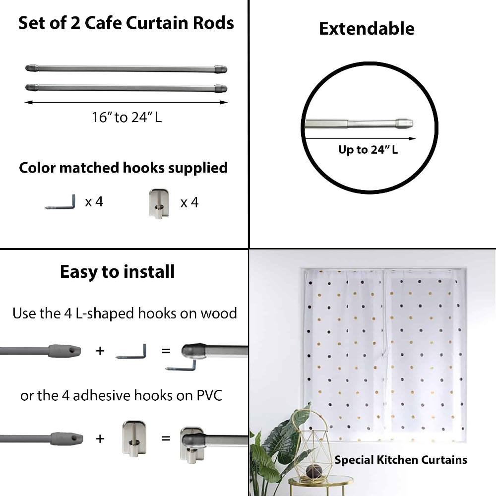 evideco Bundle 2 Cafe Curtain Rods 16″ to 24″ and 4 Self Adhesive Hooks Chrome Home Accessories Kitchen & Cafe Rods