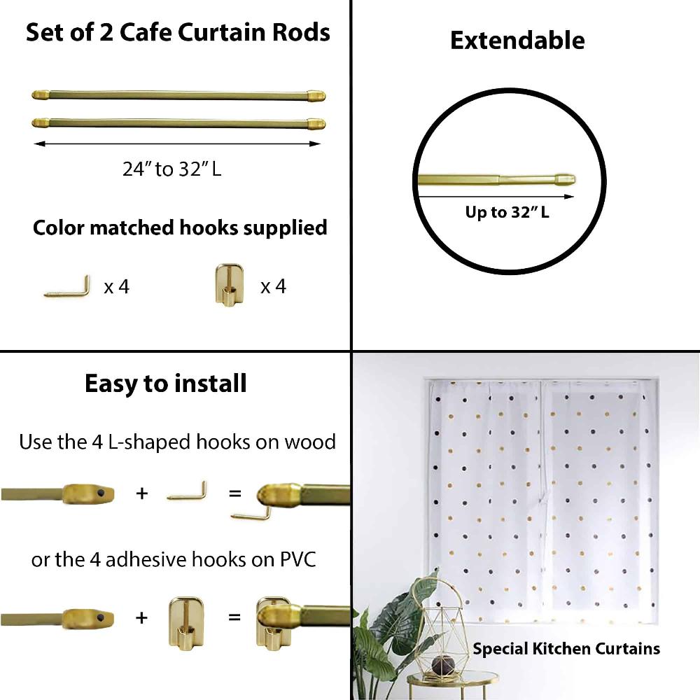 Evideco Bundle 2 Cafe Curtain Rods 24″ To 32″ And 4 Self Adhesive Hooks Gold Home Accessories Kitchen & Cafe Rods
