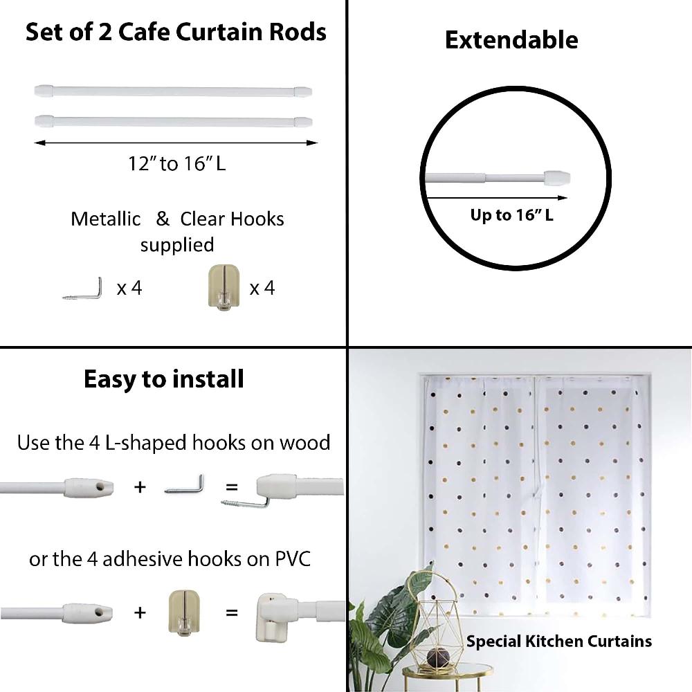 evideco Bundle 2 White Cafe Curtain Rods 12″ to 16″ and 4 Self Adhesive Hooks Clear Home Accessories Kitchen & Cafe Rods