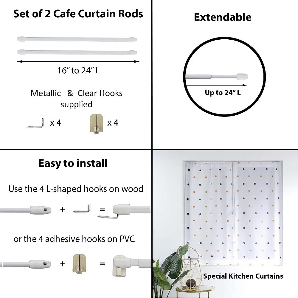 evideco Bundle 2 White Cafe Curtain Rods 16″ to 24″ and 4 Self Adhesive Hooks Clear Home Accessories Kitchen & Cafe Rods