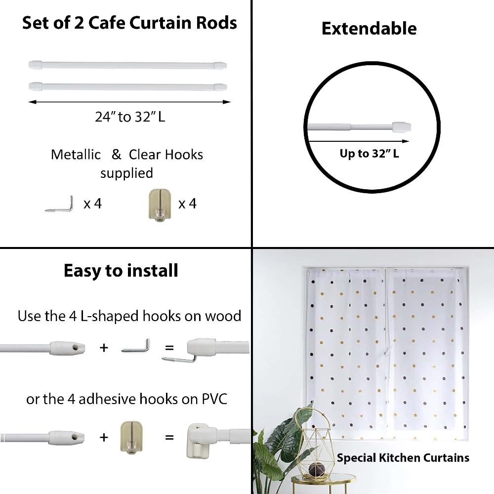 Evideco Bundle 2 White Cafe Curtain Rods 24″ To 32″ And 4 Self Adhesive Hooks Clear Home Accessories Kitchen & Cafe Rods