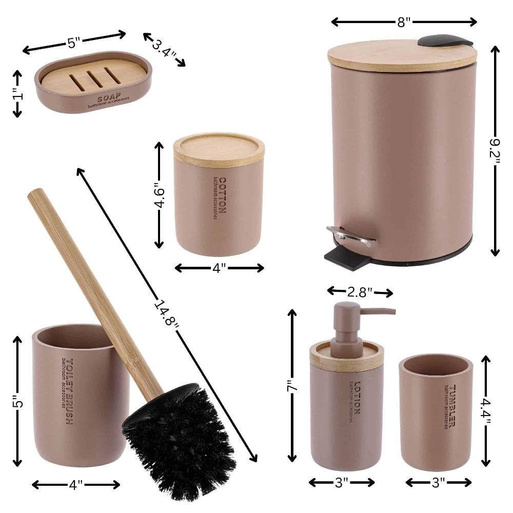 Evideco Cappuccino Bathroom Accessories With Natural Accents Modern 6-piece Set Bathroom Accessories Bath Coordinate Sets