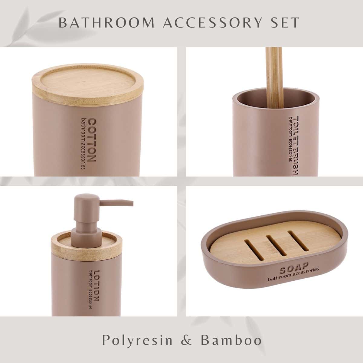 Evideco Cappuccino Bathroom Essentials Set With Natural Bamboo – 5 Pieces Bathroom Accessories Bath Coordinate Sets