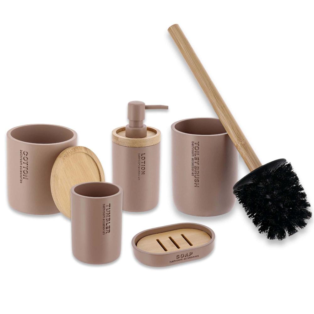 Evideco Cappuccino Bathroom Essentials Set With Natural Bamboo – 5 Pieces Bathroom Accessories Bath Coordinate Sets