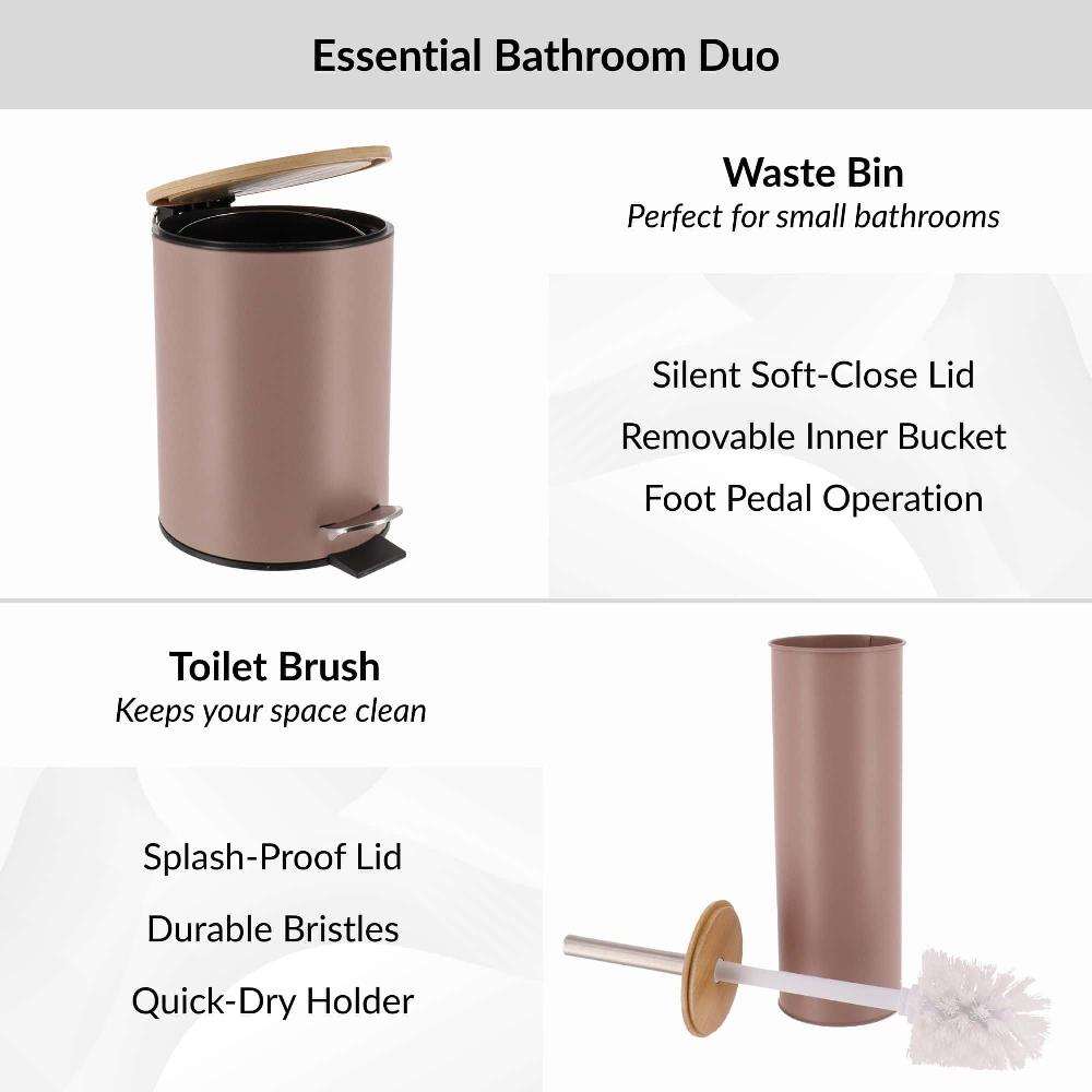 Evideco Cappuccino Bathroom Set With Bamboo Lid – Matte Metal Trash Can And Toilet Brush Bathroom Accessories Bath Coordinate Sets