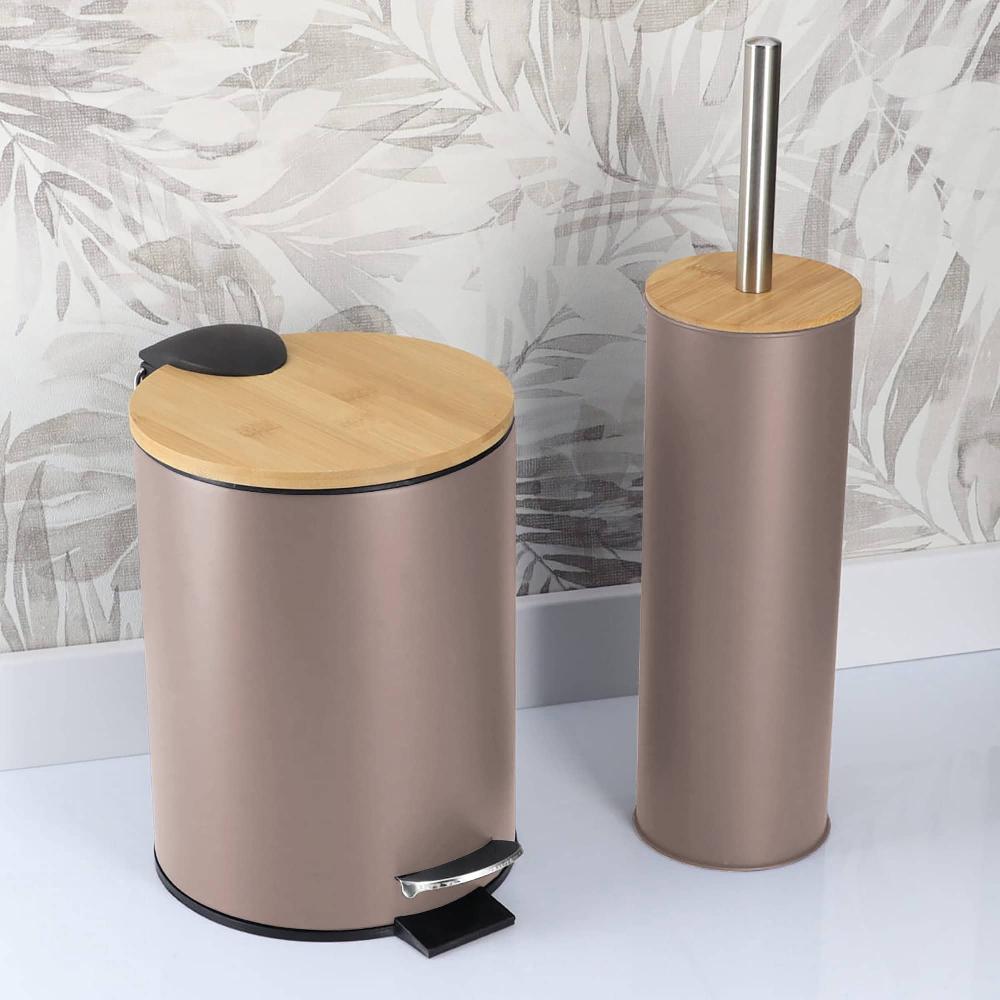 evideco Cappuccino Bathroom Set with Bamboo Lid – Matte Metal Trash Can and Toilet Brush Bathroom Accessories Bath Coordinate Sets