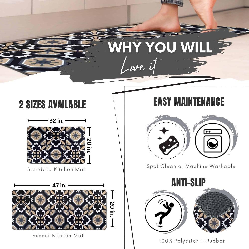 Evideco Carmen Printed Kitchen Runner Mat 47″ X 20″ – Black & Beige Tile Design – Stylish & Durable – Ideal For Homeowners & Renters – Non Slip & Comfort Floor Mat Home Accessories Kitchen Mats