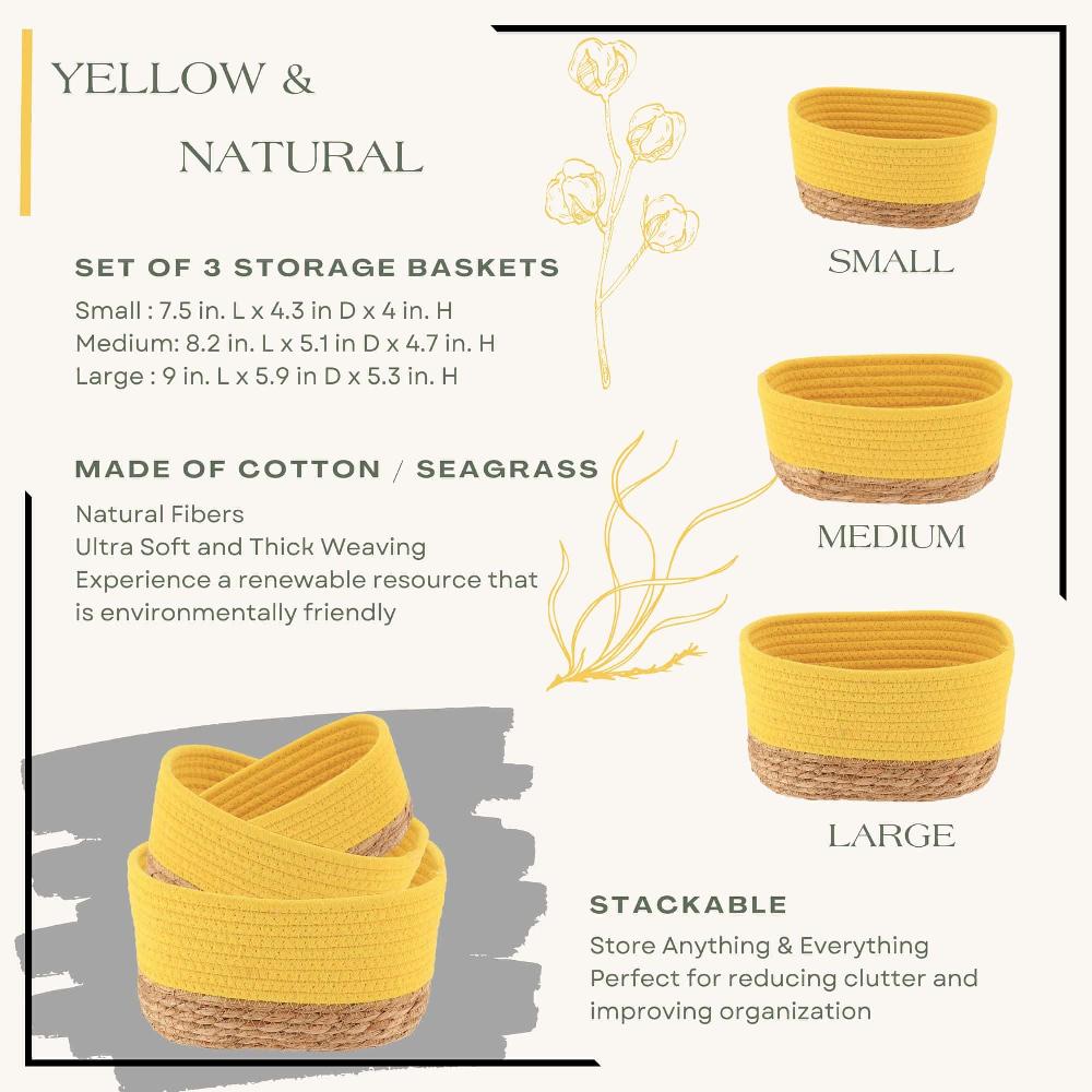 Evideco Cheerful Yellow Cotton Storage Baskets Organizer Padang Bins Stackable For Shelves- Set Of 3 Bathroom Storage & Furniture Storage Baskets & Organizers