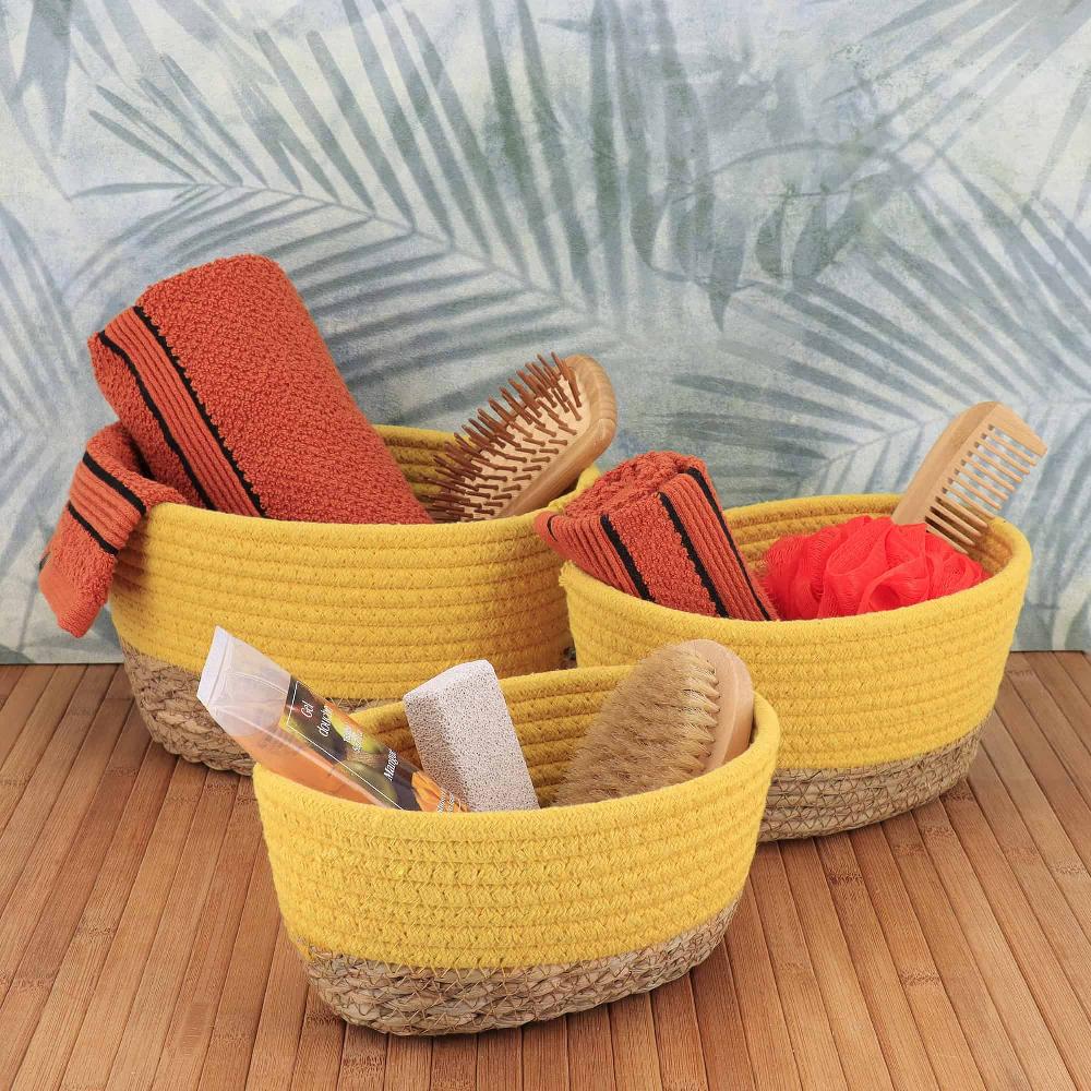 evideco Cheerful Yellow Cotton Storage Baskets Organizer Padang Bins Stackable for Shelves- Set of 3 Bathroom Storage & Furniture Storage Baskets & Organizers
