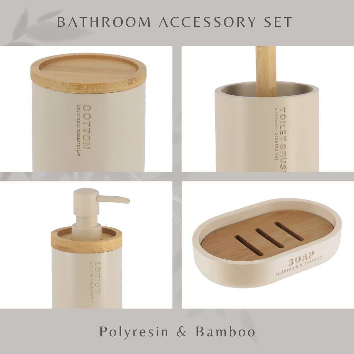 Evideco Chic Beige Bathroom Essentials Set – 5 Pieces – Liquid Soap Pump Toothbrush Cup Toilet Brush Holder Cotton Container Soap Holder Bathroom Accessories Bath Coordinate Sets