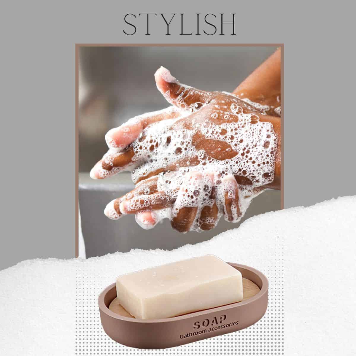 Evideco Chic Cappuccino Polyresin Soap Dish With Draining Bamboo Insert – Versatile Soap Holder For Contemporary Home Bathroom Accessories Soap Dishes