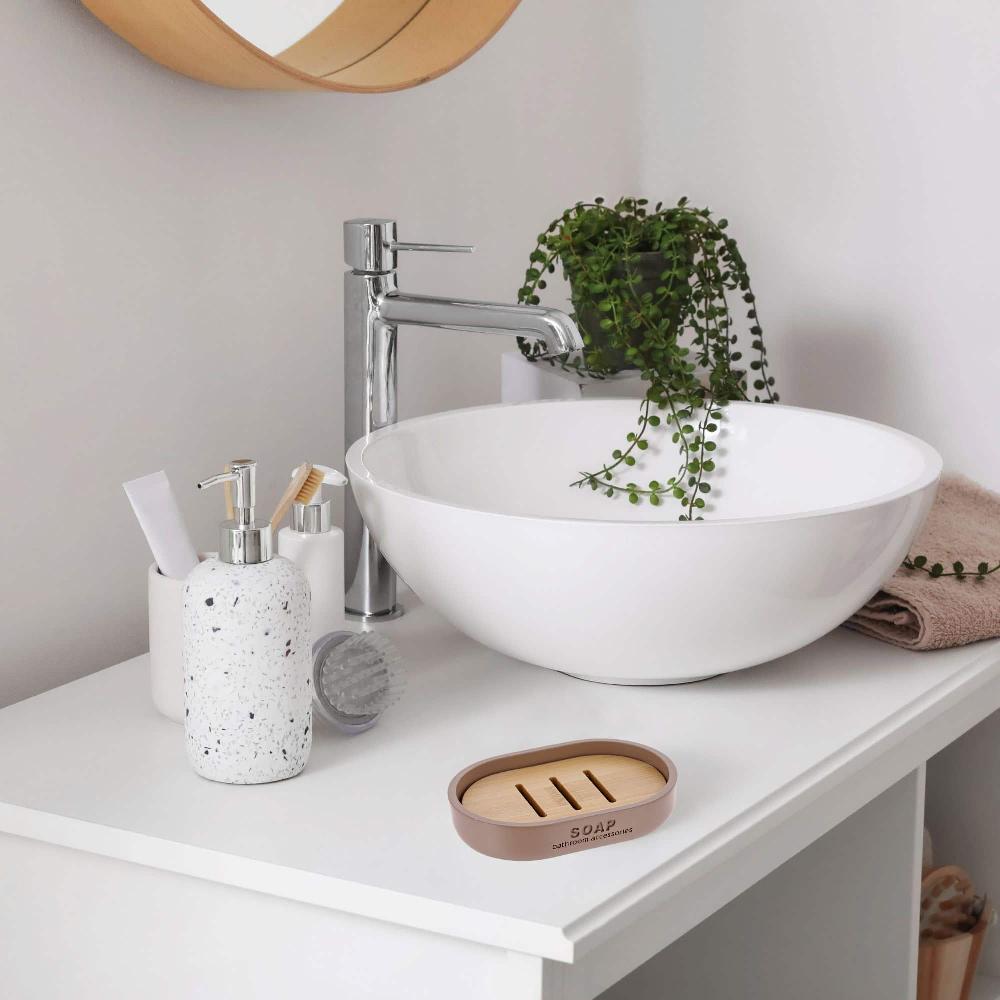 Evideco Chic Cappuccino Polyresin Soap Dish With Draining Bamboo Insert – Versatile Soap Holder For Contemporary Home Bathroom Accessories Soap Dishes