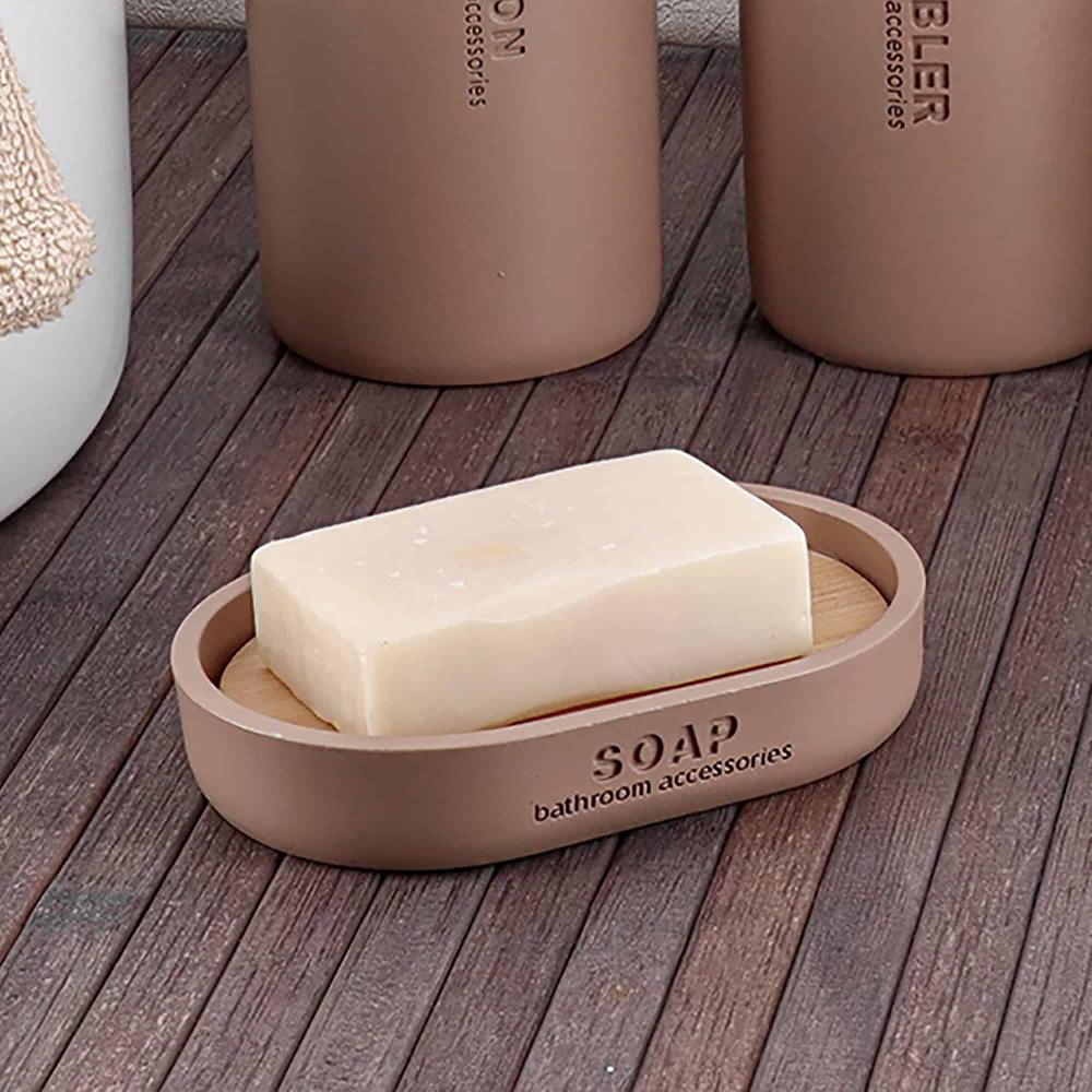 evideco Chic Cappuccino Polyresin Soap Dish with Draining Bamboo Insert – Versatile Soap Holder for Contemporary Home Bathroom Accessories Soap Dishes