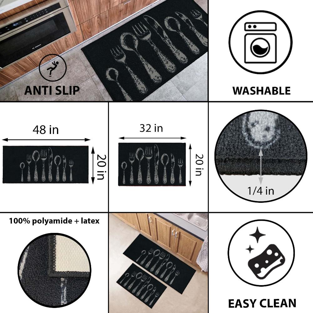 Evideco Chic Cutlery Print Black Wool-Effect Kitchen Mat And Runner Rug Set Of 2 Home Accessories Kitchen Mats
