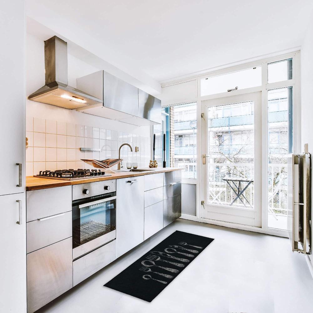 Evideco Chic Cutlery Print Black Wool-Effect Kitchen Mat And Runner Rug Set Of 2 Home Accessories Kitchen Mats