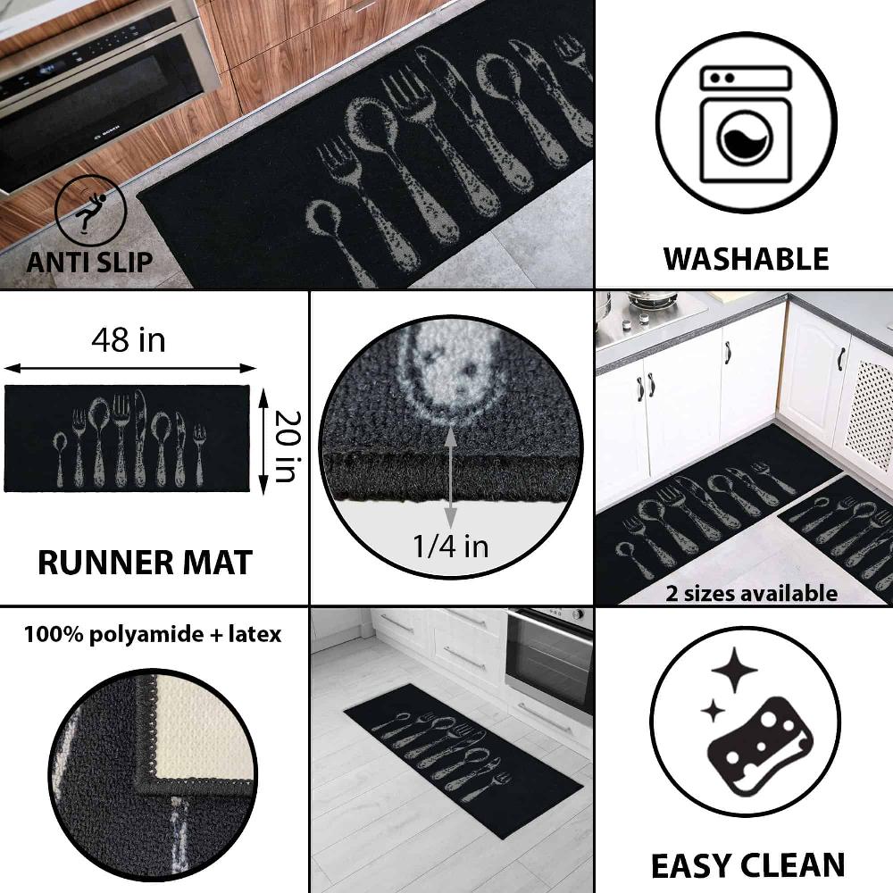 Evideco Chic Cutlery Print Kitchen Runner Rug Black With Soft Wool Effect – 48 X 20 Inches Home Accessories Kitchen Mats