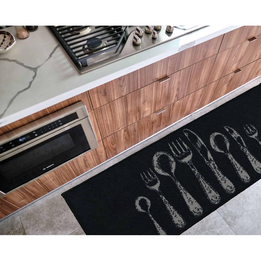 Evideco Chic Cutlery Print Kitchen Runner Rug Black With Soft Wool Effect – 48 X 20 Inches Home Accessories Kitchen Mats