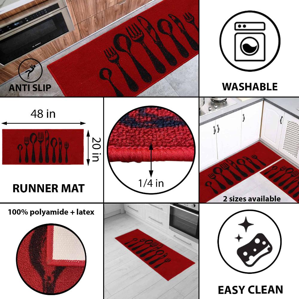 Evideco Chic Cutlery Print Kitchen Runner Rug Red With Soft Wool Effect – 48 X 20 Inches Home Accessories Kitchen Mats
