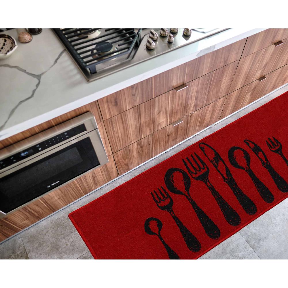 Evideco Chic Cutlery Print Kitchen Runner Rug Red With Soft Wool Effect – 48 X 20 Inches Home Accessories Kitchen Mats
