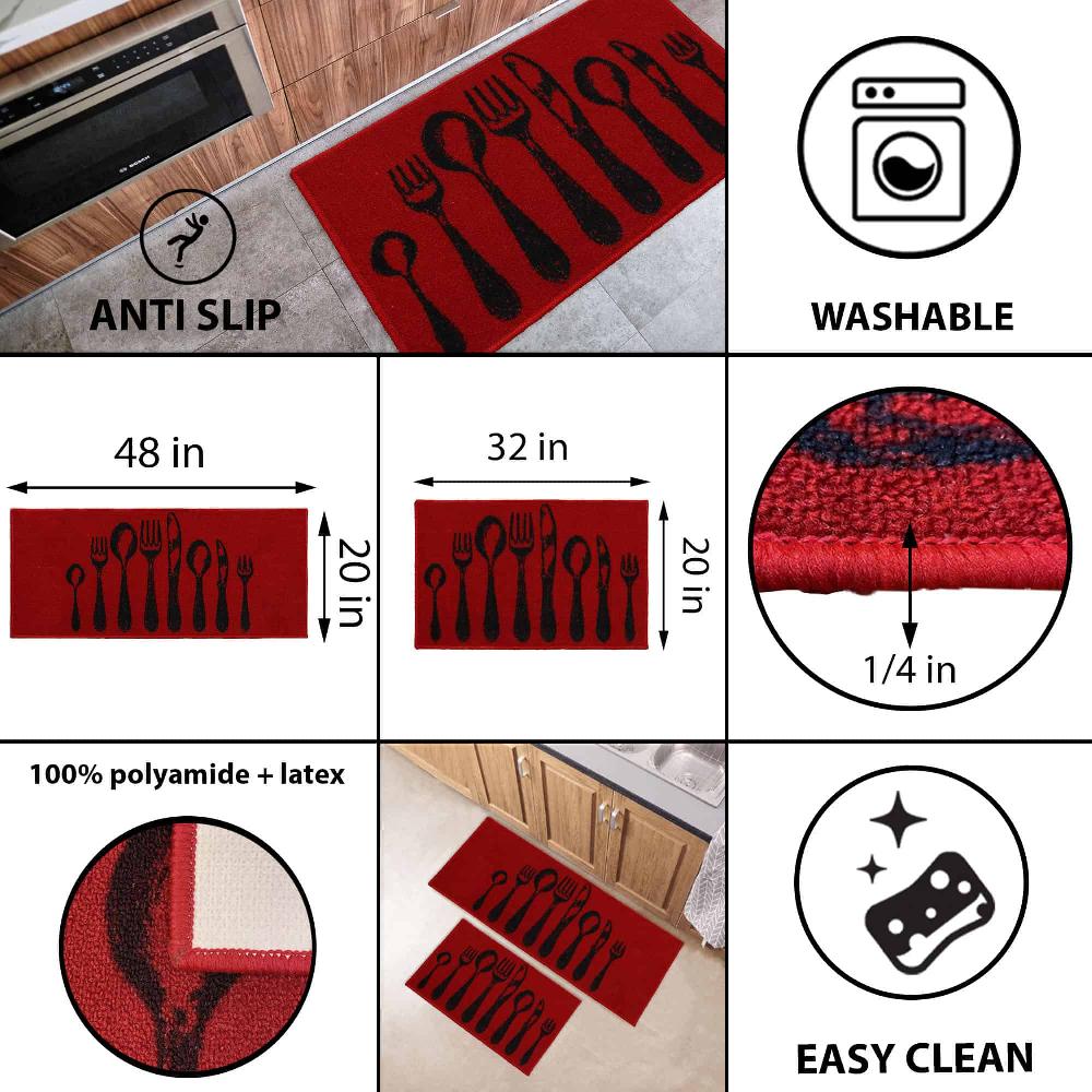 Evideco Chic Cutlery Print Red Wool-Effect Kitchen Mat And Runner Rug Set Of 2 Home Accessories Kitchen Mats