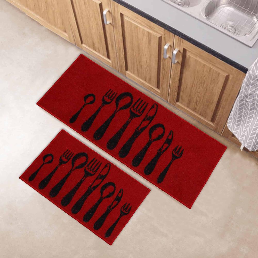 Evideco Chic Cutlery Print Red Wool-Effect Kitchen Mat And Runner Rug Set Of 2 Home Accessories Kitchen Mats