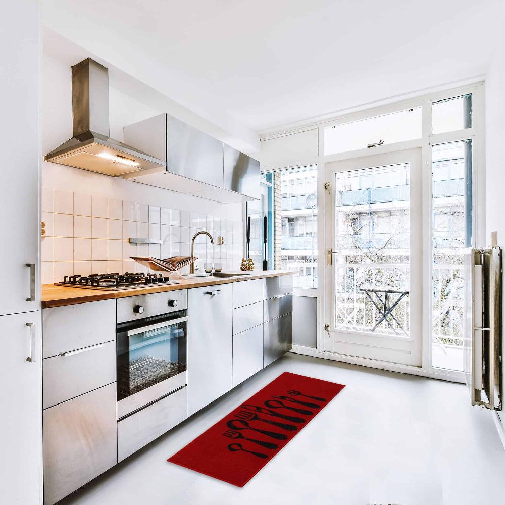 Evideco Chic Cutlery Print Red Wool-Effect Kitchen Mat And Runner Rug Set Of 2 Home Accessories Kitchen Mats