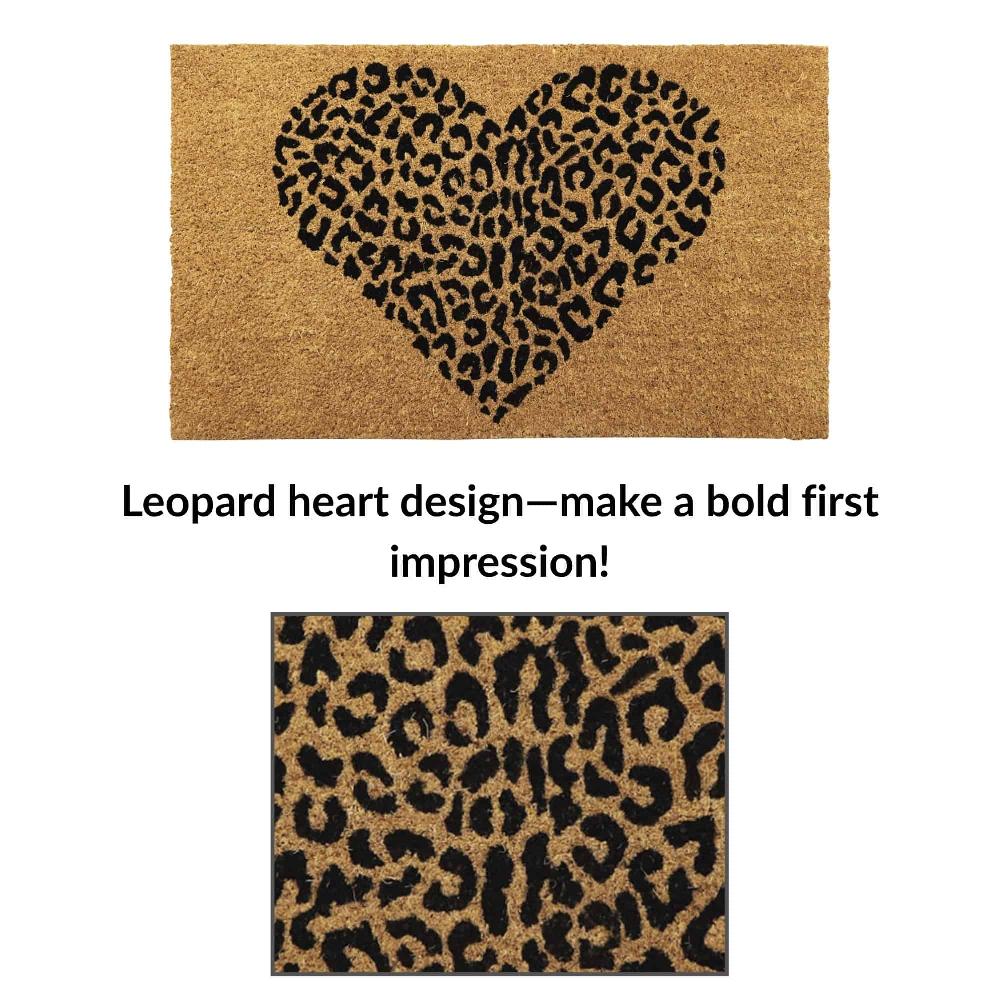 Evideco Chic Leopard Heart Welcome Mat – 30×18 Inches Natural Coir Front Door Mat Home Accessories Door Mats