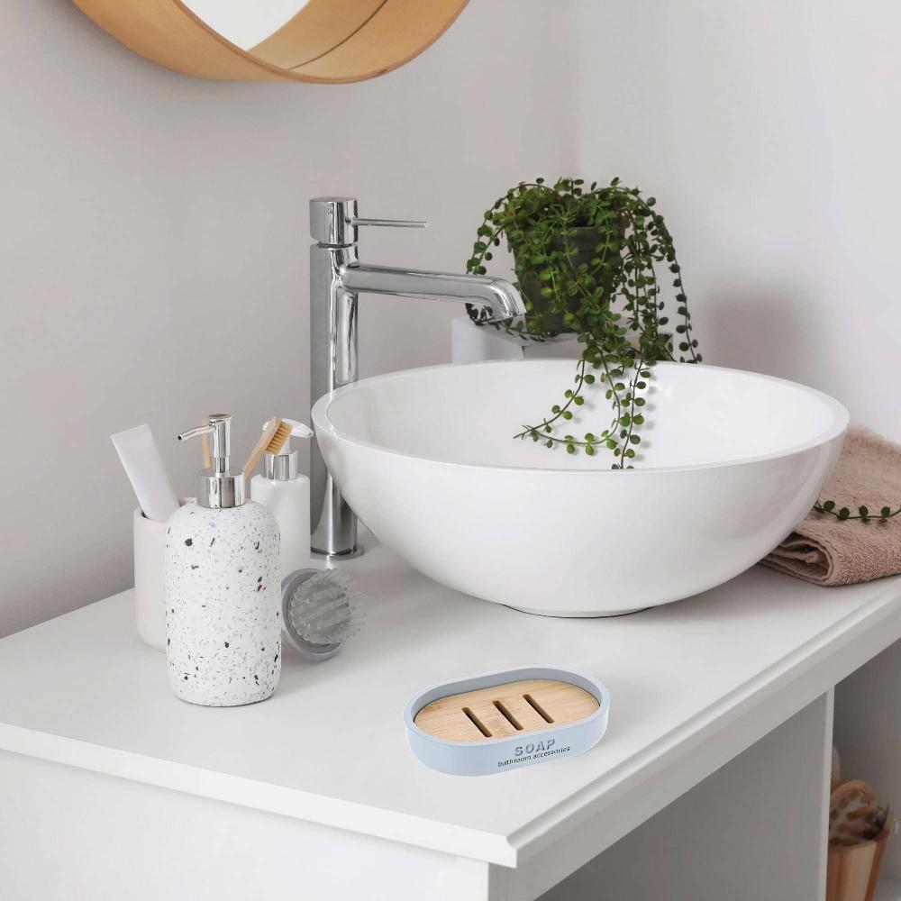 Evideco Chic Light Blue Polyresin Soap Dish With Draining Bamboo Insert – Versatile Soap Holder For Contemporary Home Bathroom Accessories Soap Dishes