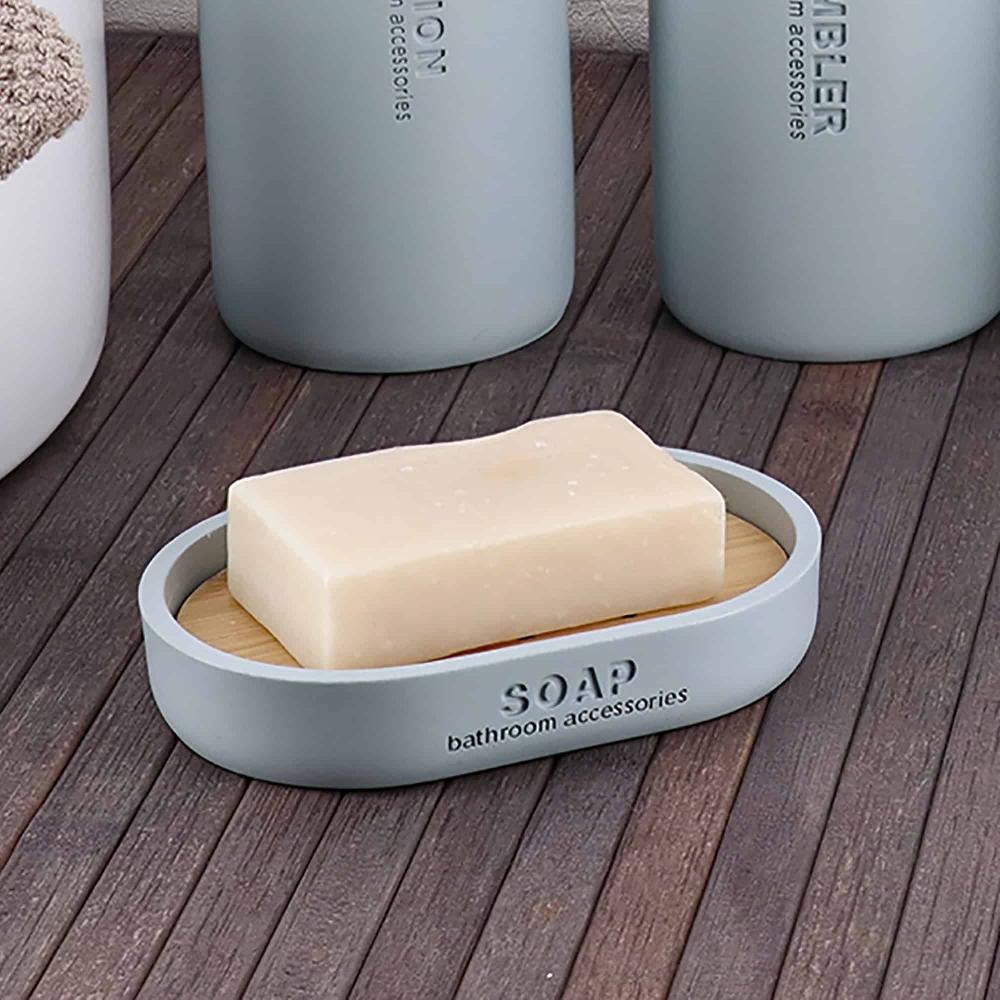 Evideco Chic Light Blue Polyresin Soap Dish With Draining Bamboo Insert – Versatile Soap Holder For Contemporary Home Bathroom Accessories Soap Dishes