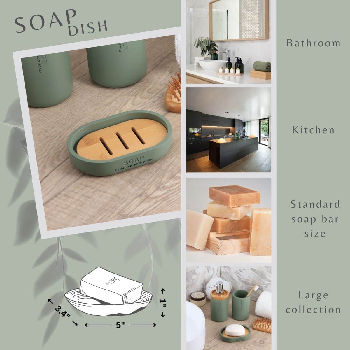 Evideco Chic Matte Green Soap Dish With Bamboo Base – Polyresin Bathroom Accessory For Elegant Décor Bathroom Accessories Soap Dishes