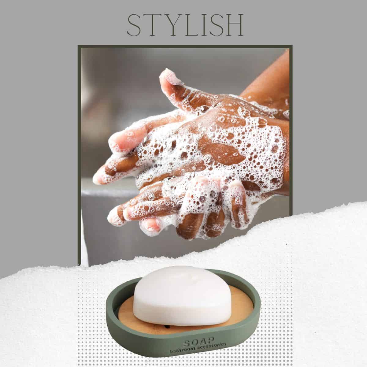 Evideco Chic Matte Green Soap Dish With Bamboo Base – Polyresin Bathroom Accessory For Elegant Décor Bathroom Accessories Soap Dishes