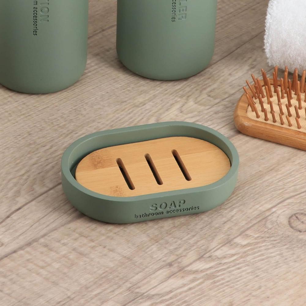 Evideco Chic Matte Green Soap Dish With Bamboo Base – Polyresin Bathroom Accessory For Elegant Décor Bathroom Accessories Soap Dishes