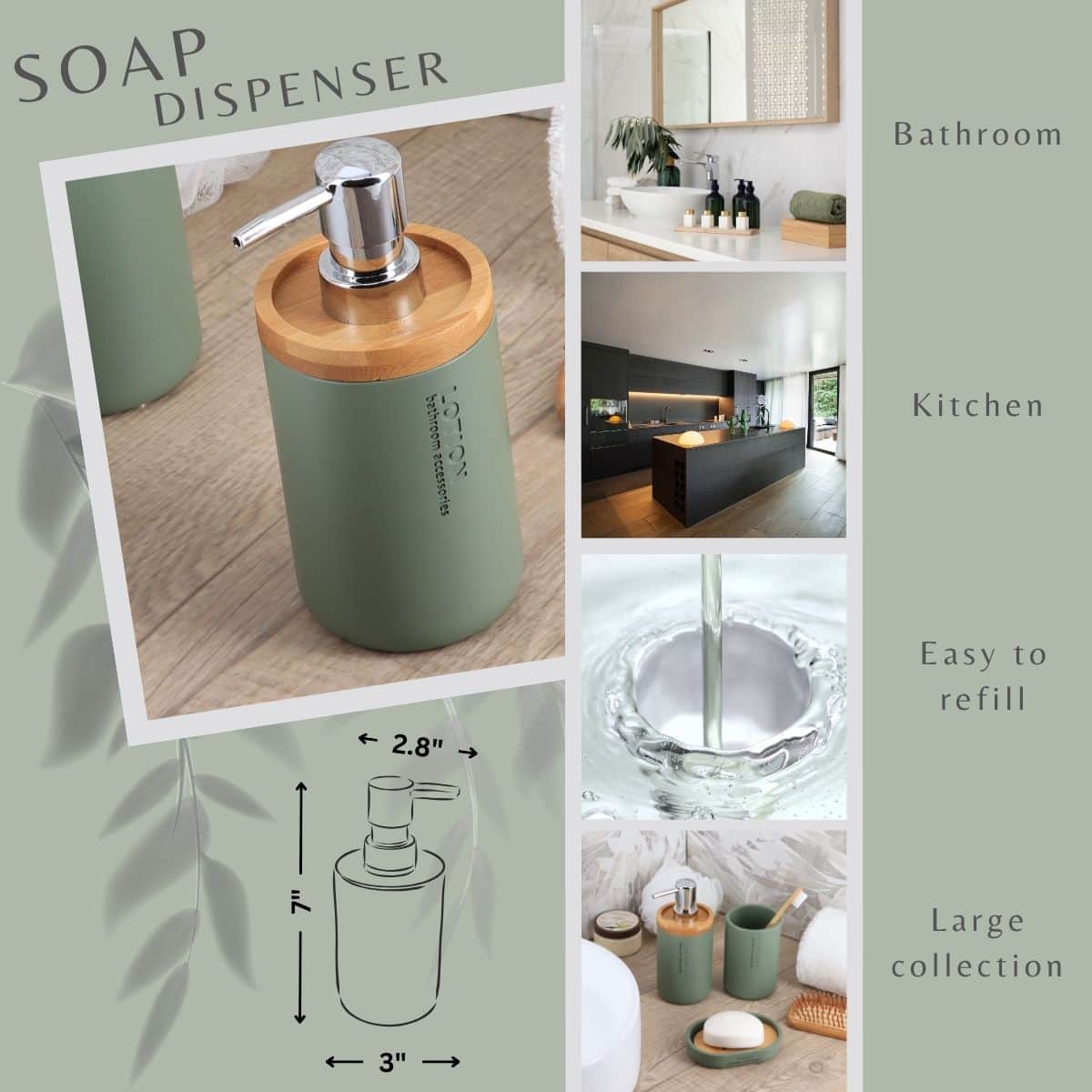 Evideco Chic Matte Green Soap Dispenser With Natural Bamboo Accent – Polyresin Hand Wash Pump Versatile Bathroom Accessory Bathroom Accessories Soap & Lotion Dispensers
