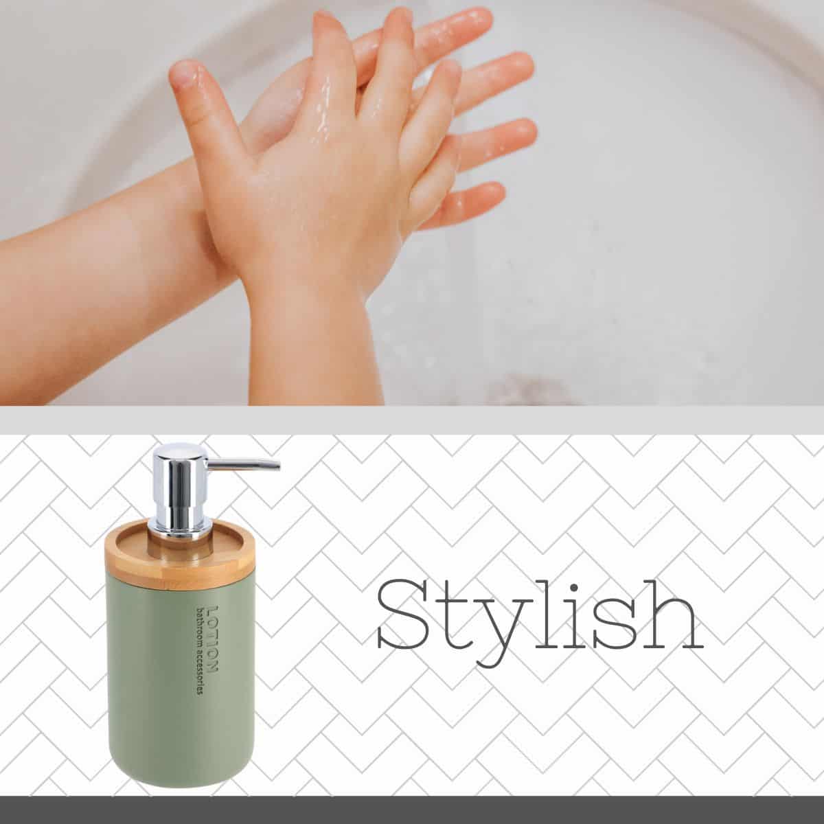 Evideco Chic Matte Green Soap Dispenser With Natural Bamboo Accent – Polyresin Hand Wash Pump Versatile Bathroom Accessory Bathroom Accessories Soap & Lotion Dispensers