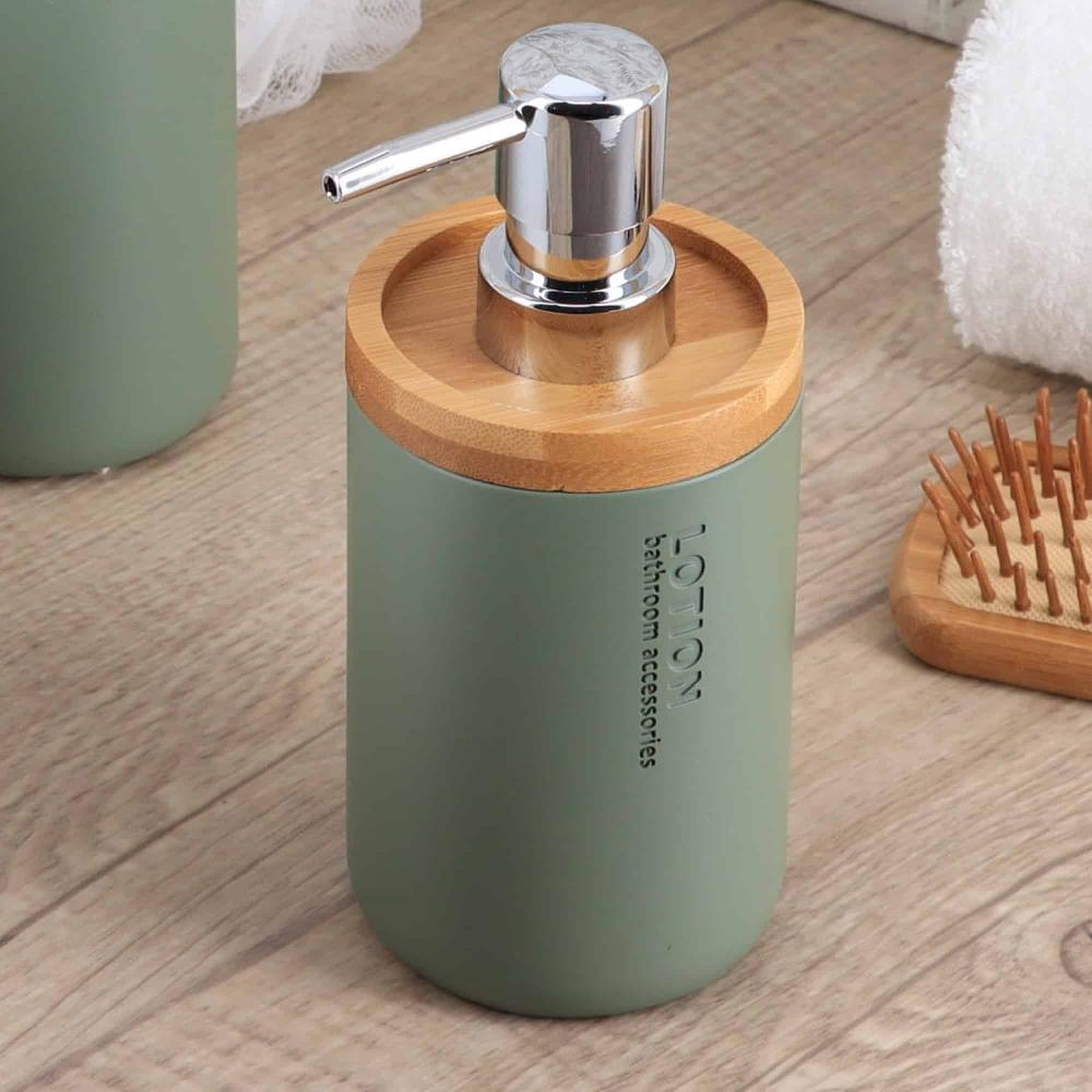 evideco Chic Matte Green Soap Dispenser with Natural Bamboo Accent – Polyresin Hand Wash Pump Versatile Bathroom Accessory Bathroom Accessories Soap & Lotion Dispensers