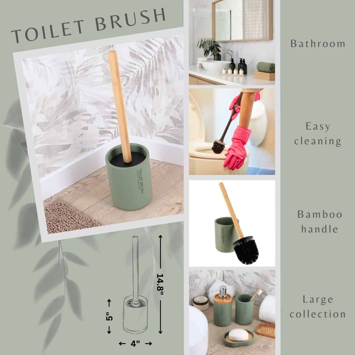 Evideco Chic Matte Green Toilet Brush Holder Set With Natural Bamboo Handle – Polyresin Bathroom Cleaning Accessory Toilet Seats & Accessories Toilet Brushes