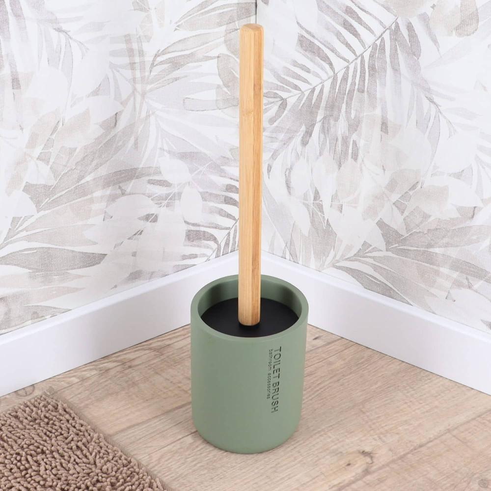 Evideco Chic Matte Green Toilet Brush Holder Set With Natural Bamboo Handle – Polyresin Bathroom Cleaning Accessory Toilet Seats & Accessories Toilet Brushes