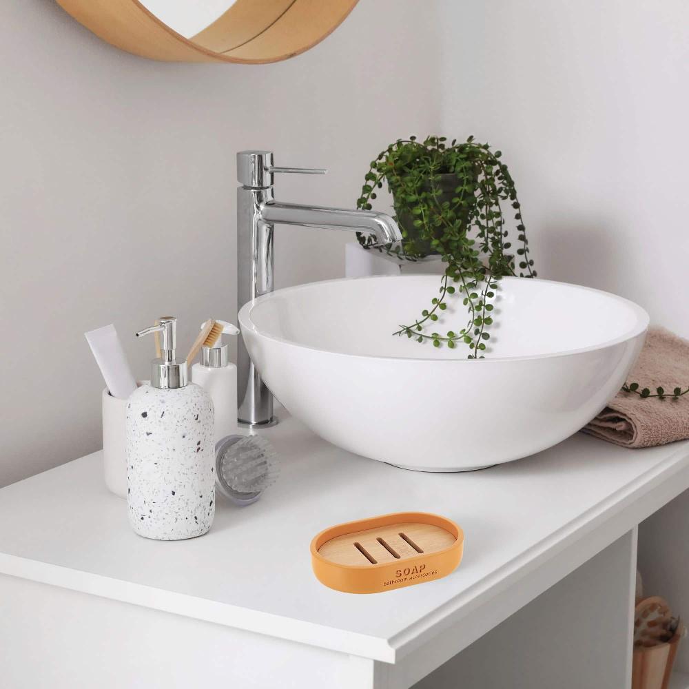 Evideco Chic Mustard Yellow Polyresin Soap Dish With Draining Bamboo Insert – Versatile Soap Holder For Contemporary Home Bathroom Accessories Soap Dishes