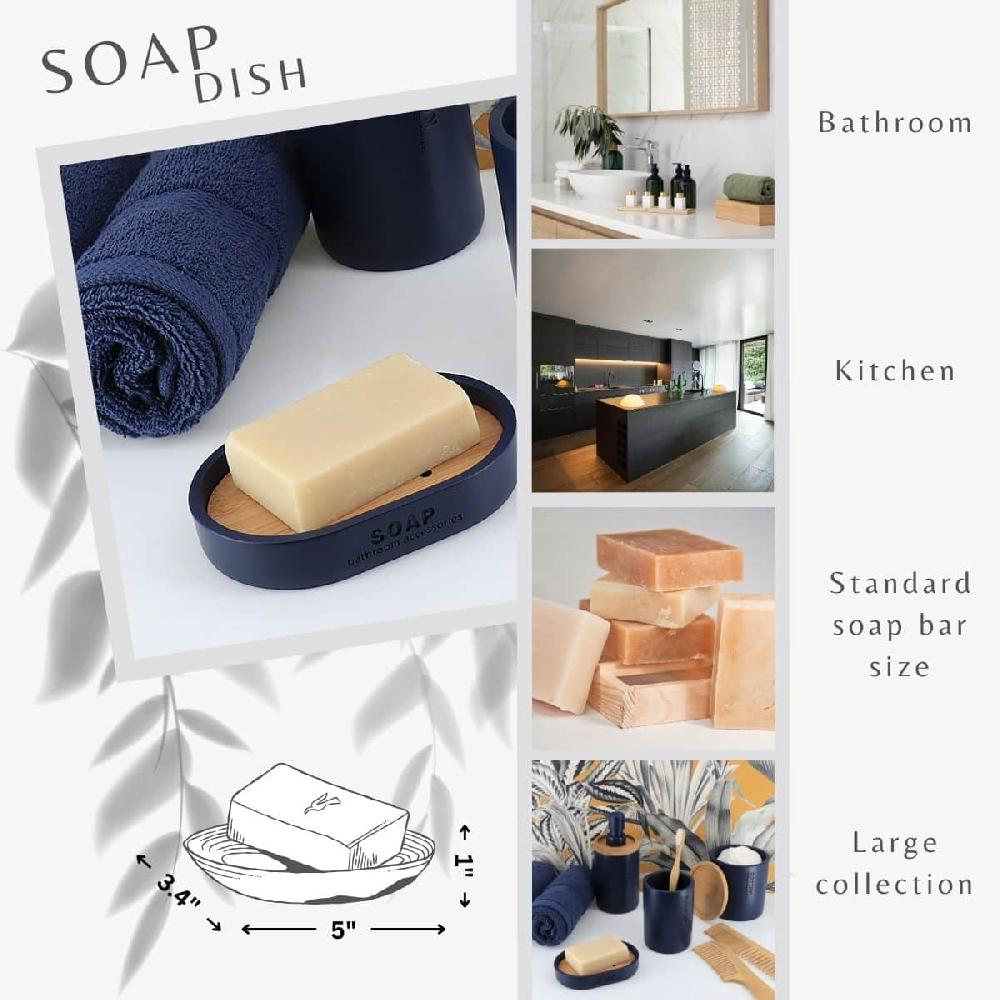 Evideco Chic Navy Blue Polyresin Soap Dish With Draining Bamboo Insert – Versatile Soap Holder For Contemporary Home Bathroom Accessories Soap Dishes